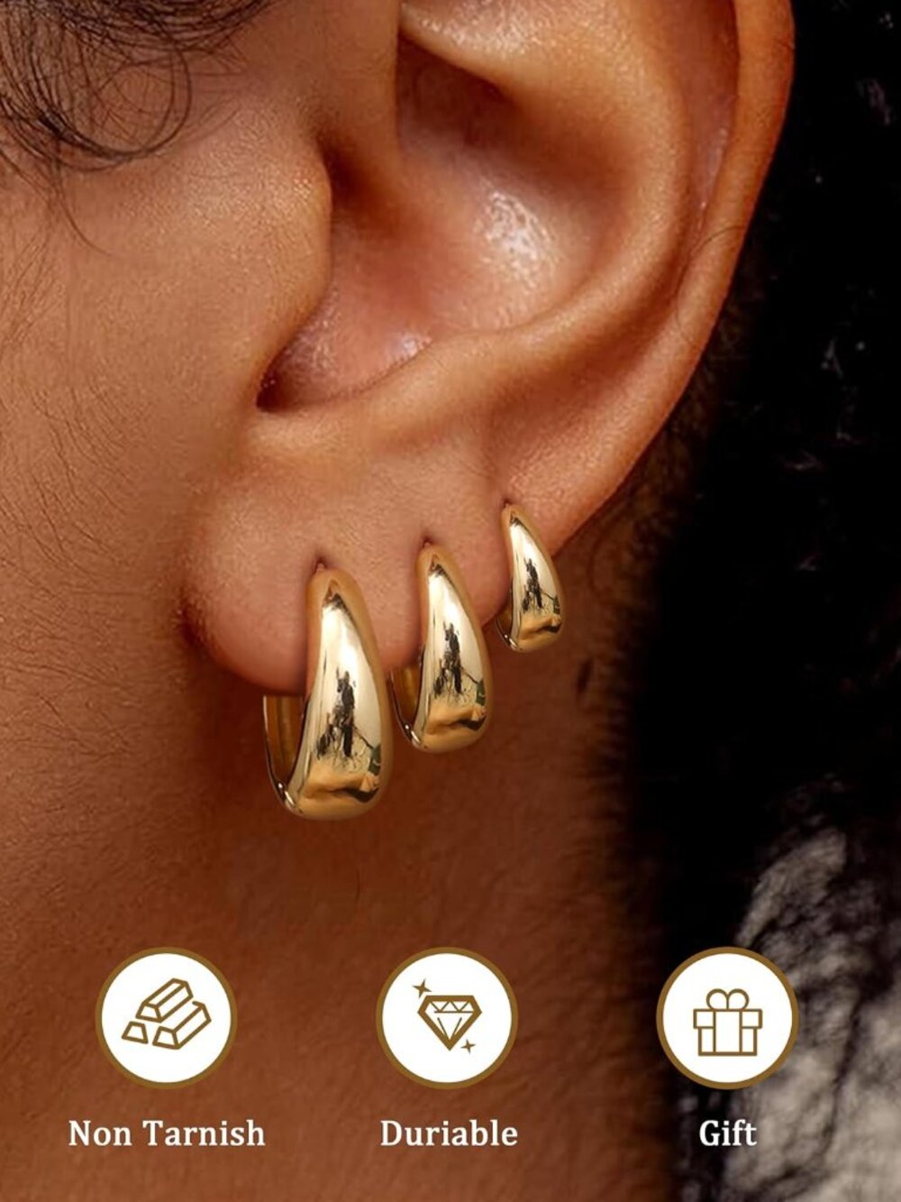 3Pairs 14K Gold Plated Hoop Earrings Set for Women Chunky Earring Silver Plated - Picture 2 of 7